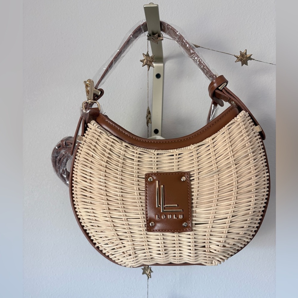 Loulu Brown and Natural Woven Crescent Shoulder Bag